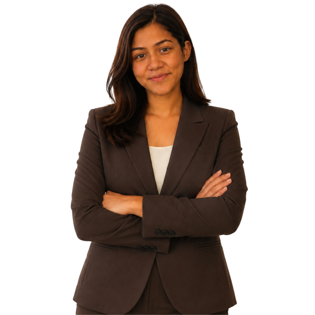 Corporate Headshot in Formal Brown Suit Young female digital marketing professional in a dark brown formal suit with crossed arms, standing against a white background for a corporate profile photo.