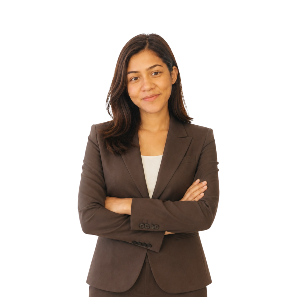 Young female digital marketing professional in a dark brown formal suit with crossed arms, standing against a white background for a corporate profile photo.