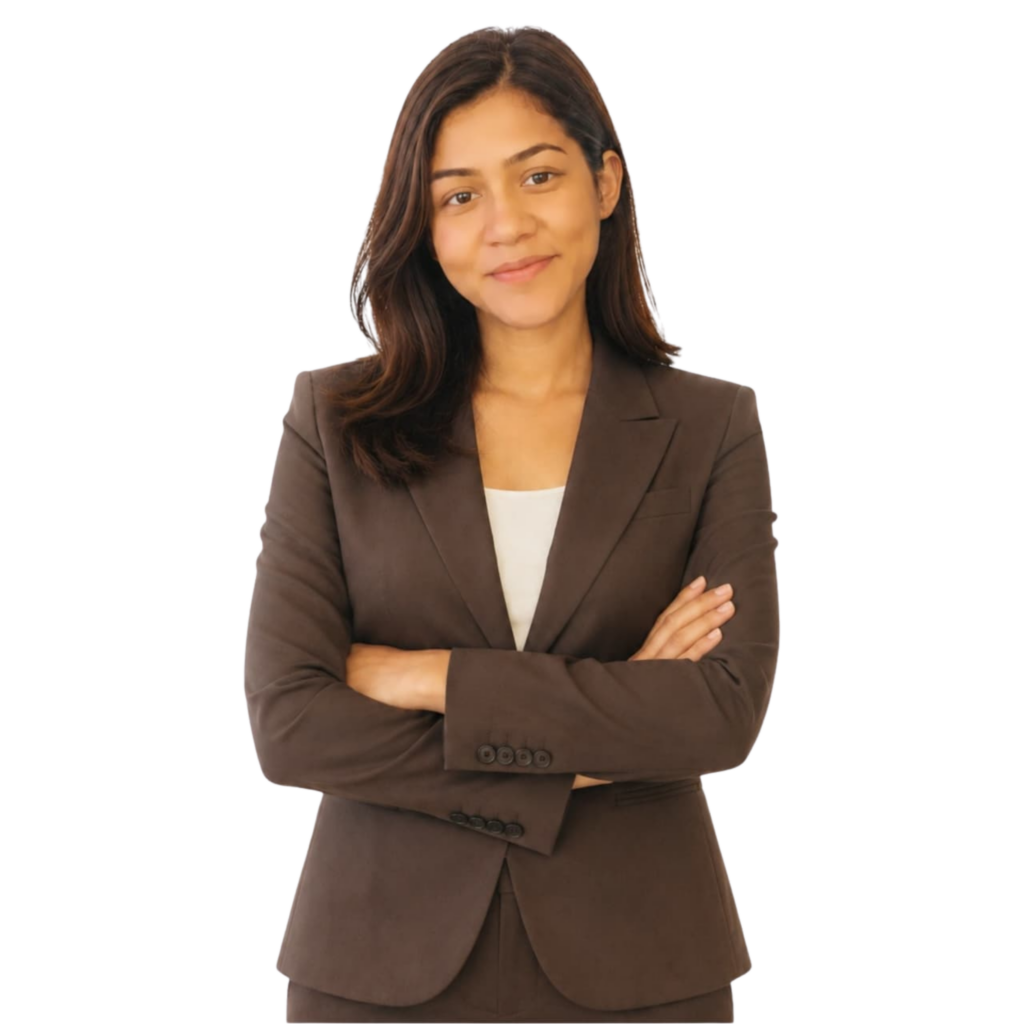 Young female digital marketing professional in a dark brown formal suit with crossed arms, standing against a white background for a corporate profile photo.